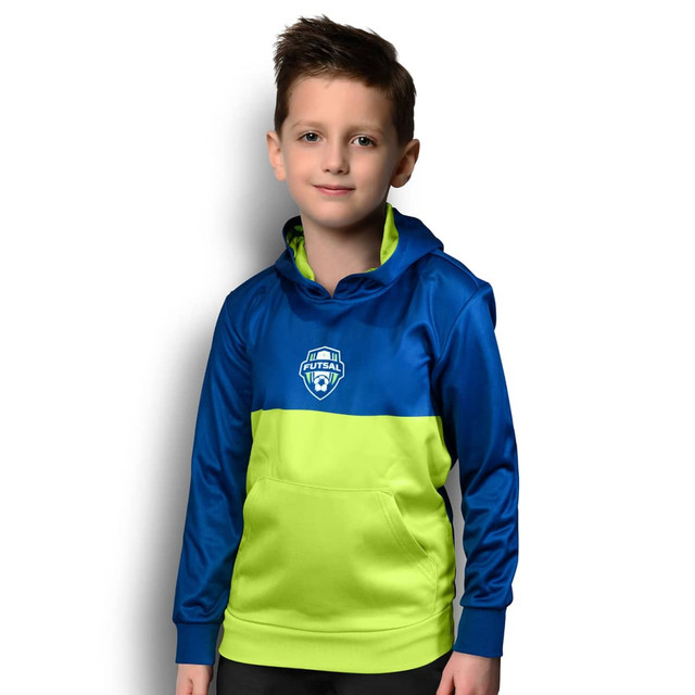 A custom kids sports hoodie in blue and bright green with a logo on the front.