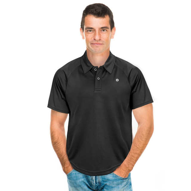 A black polo shirt featuring a logo, designed with a modern fit and short sleeves.