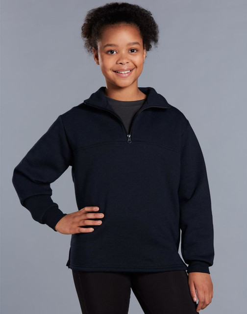 A navy blue half-zip collar fleece sweatshirt for kids, featuring a logo.