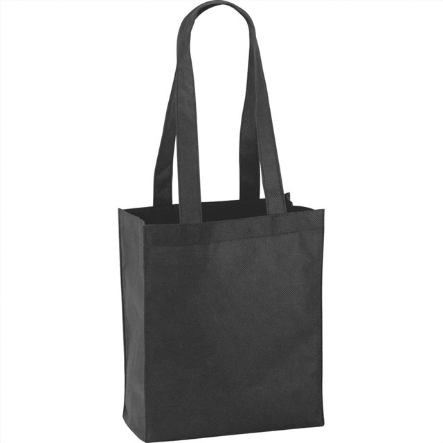 A black non-woven tote bag with long handles and a rectangular shape. It features a simple design and has a logo.