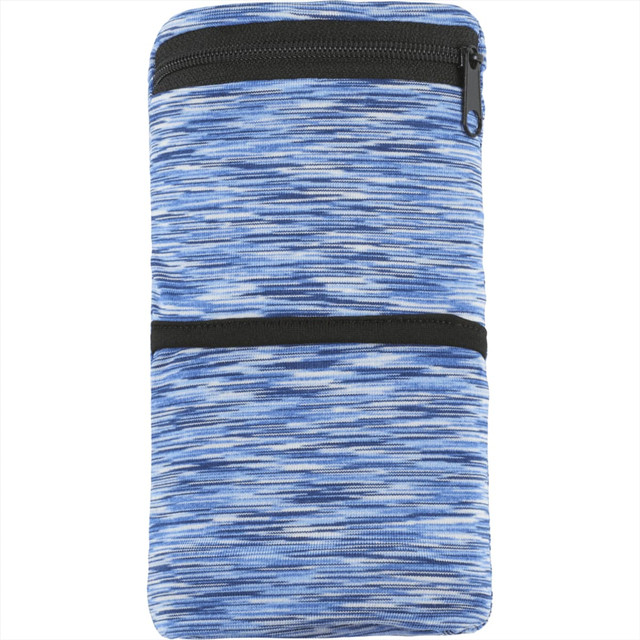 A blue heathered wristband with a pocket, featuring two zippered compartments and a black zipper.
