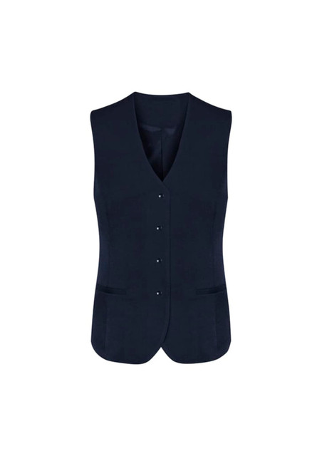 A navy vest featuring a button front and two pockets, designed for women's workwear. It includes a logo.