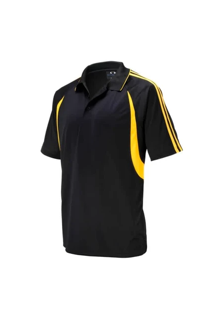 A black polo shirt with yellow accents and stripes, featuring a collar and short sleeves. The shirt has a logo.