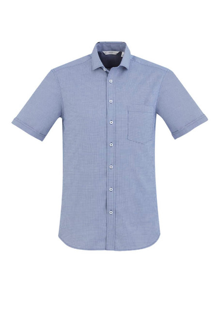 A blue and white check patterned short sleeve button-up shirt with a chest pocket and a logo.