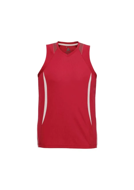 A red men's singlet featuring a fitted design and contrasting side panels, with branding on the chest.