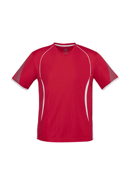 A red Kids Razor Tee featuring white accents and short sleeves, with a logo on the front.