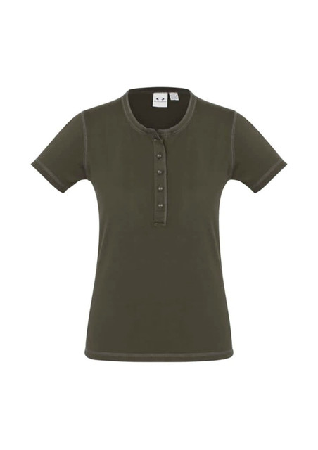 A ladies vintage tee in olive green with a crew neckline and button detailing. It features short sleeves and a fitted design.