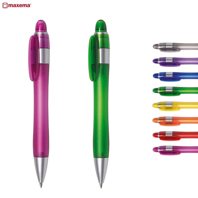 A plastic pen in purple and green, featuring a silver clip and translucent barrel, alongside a range of colourful pens.
