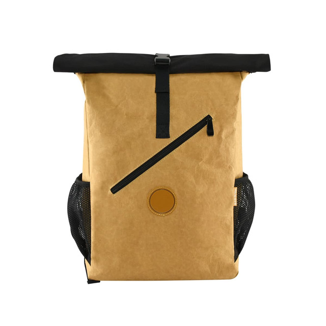 A kraft paper laptop backpack in brown with a black top, featuring a zipper pocket and mesh side pockets.