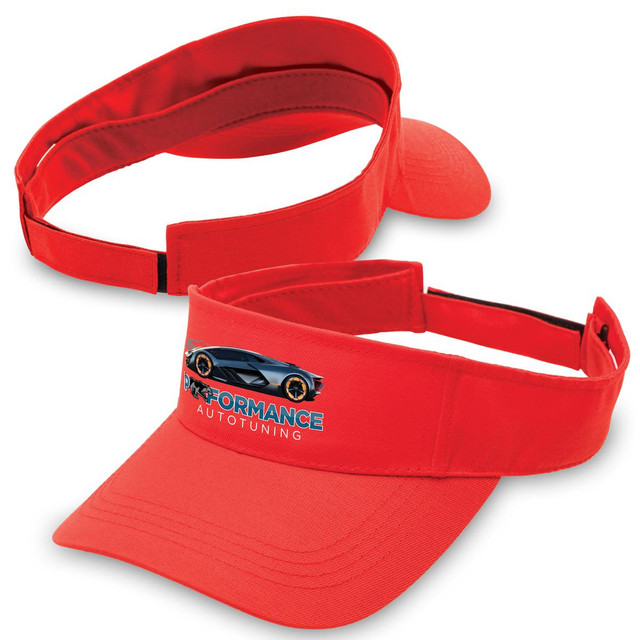 A red visor with an adjustable strap and a logo featuring a stylised car. The design is simple and sporty.