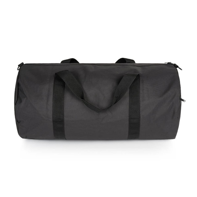 A black duffel bag with sturdy handles and zippers, featuring a simple design and a logo.