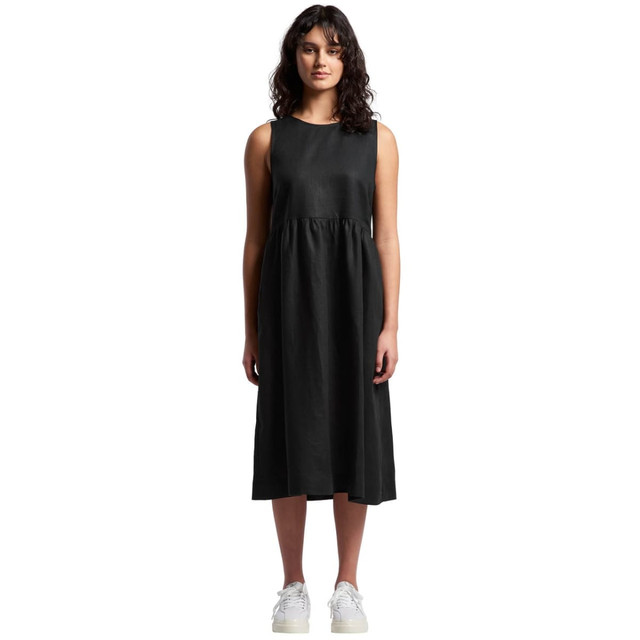 A black linen dress with a fitted bodice and gathered waist, featuring a knee-length cut and a sleeveless design.