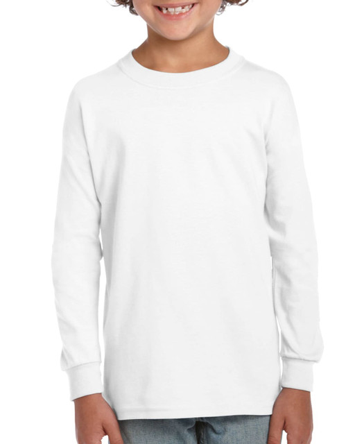 A white long sleeve youth t-shirt featuring a round neckline and a fitted style, shown on a smiling child.
