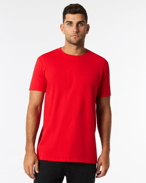 A red lightweight adult tee with a round neckline, featuring a logo on the front. Available in various sizes.