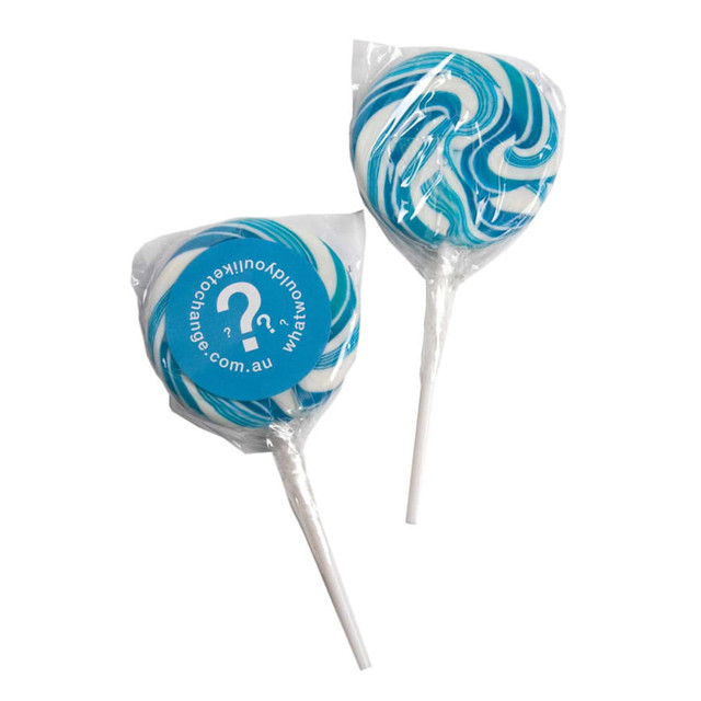 Two medium blue and white swirl lollipops wrapped in clear plastic, each on a white stick. One features a logo.