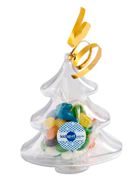 Acrylic Christmas tree filled with colourful jelly beans, topped with a gold ribbon and featuring a logo.