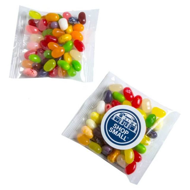A bag of assorted jelly beans in various colours, featuring a logo on the packaging.