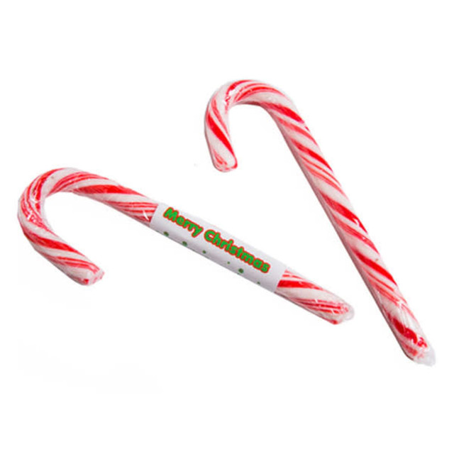 Two red and white striped candy canes, 15 cm in length, with an unbranded label.