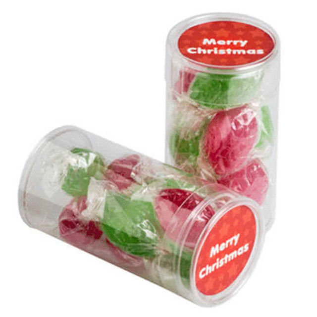A PET tube containing eight Christmas boiled lollies in red and green, with a transparent exterior and a logo.