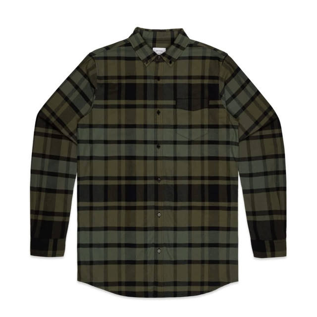 A plaid Oxford shirt in green and black, featuring a button-up front and a single chest pocket.