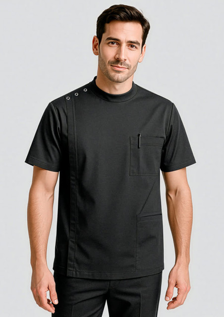 A men's black jacket features a stylish design with a pocket and button details on the shoulder. It has a logo.
