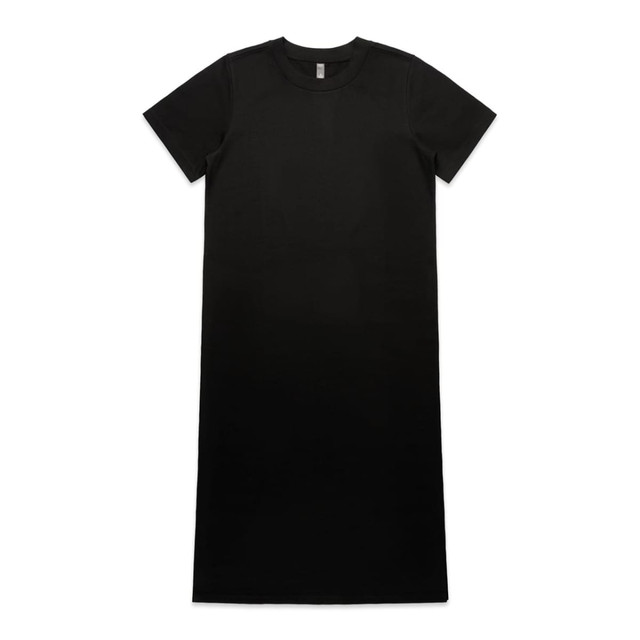 A black, knee-length dress with short sleeves and a simple design. Features a logo at the neckline.