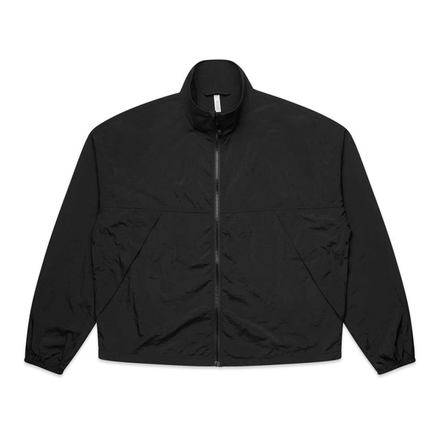 A black active jacket with a high collar and zip closure, featuring two side pockets and a simple design.
