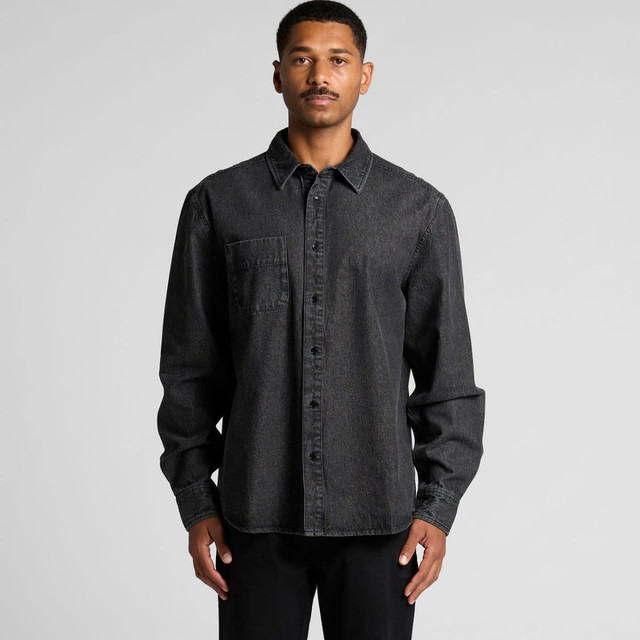 A button-up shirt in a stone wash finish, featuring a single chest pocket and dark grey colour.