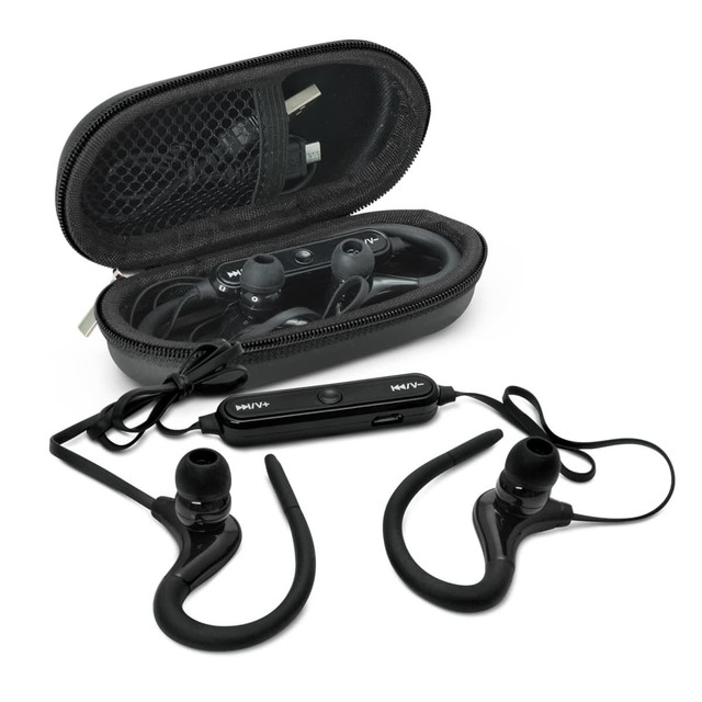 Black Bluetooth earbuds with a carrying case, featuring ear hooks and a control remote, along with charging cables.