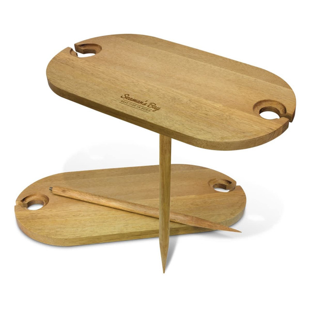 A wooden picnic serving board in a two-tier design, featuring cut-outs and a complementary serving tool.