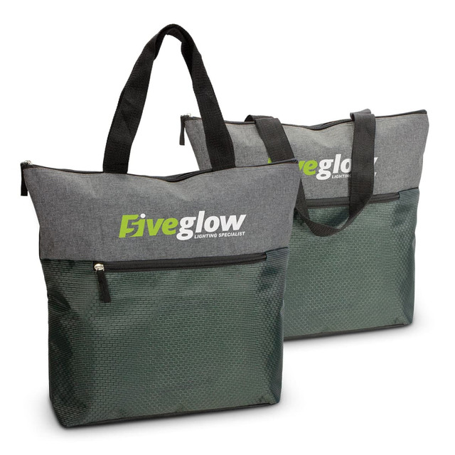 Two grey and green tote bags with black handles, featuring a logo on the front and a zippered pocket.