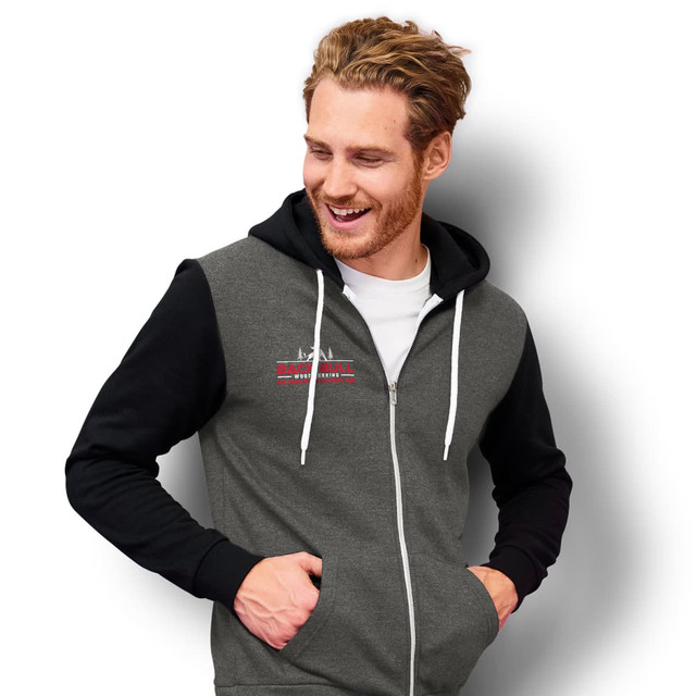 A unisex zipped sweatshirt in grey with black sleeves, featuring a logo on the chest.