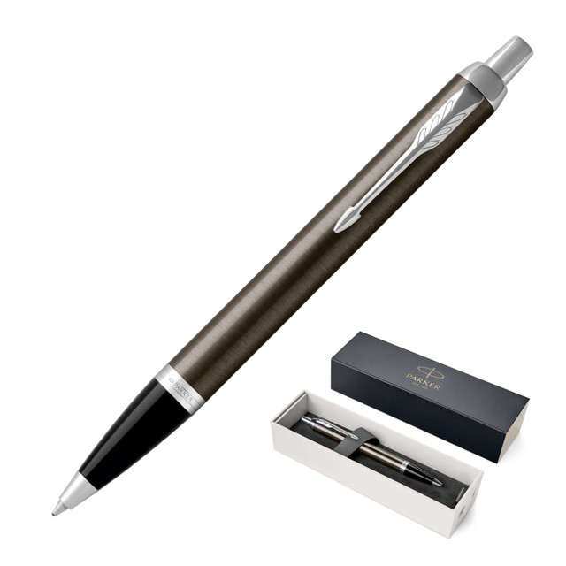 A metal ballpoint pen in dark espresso with a silver clip, presented in a branded box.