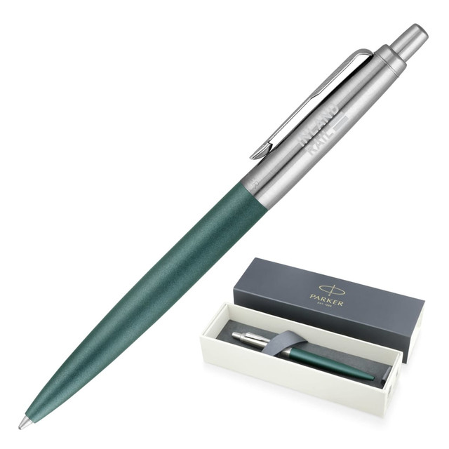 A metal ballpoint pen in matte green with a silver clip, presented in a two-tone box.