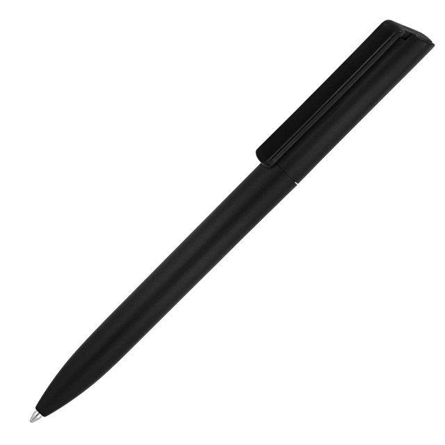 A matte black ballpoint pen with a minimalist design and a clip on the side. Features a logo.