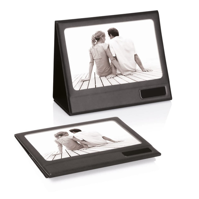 A black photo frame displaying a black-and-white image of a couple sitting together. It features a logo.