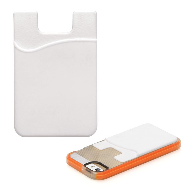 A white silicone card wallet designed for smartphones, featuring a smooth surface and an orange-bordered phone case.