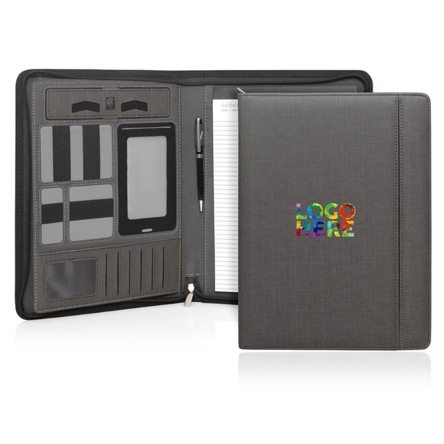 A grey executive tech zipper folder featuring various pockets, a pen holder, and a notepad inside. It has a logo.