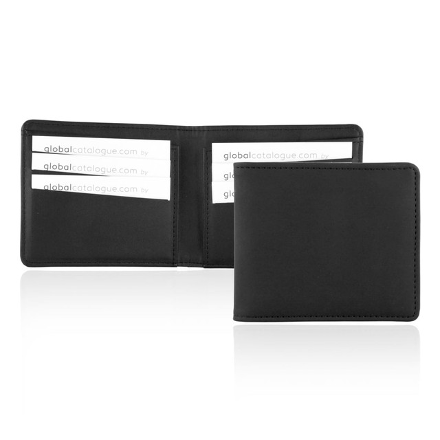 A black wallet with leather look, featuring compartments for cards and a sleek design.
