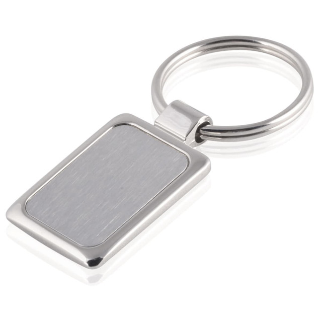 A silver keyring with a rectangular, brushed metal tag and a circular ring for attaching keys.