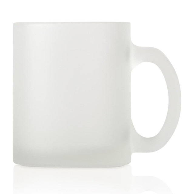 A frosted glass mug with a smooth finish and a comfortable handle, featuring a logo.
