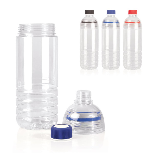 A drink bottle set featuring clear Tritan bottles in three colours—black, red, and blue caps—with one bottle disassembled.
