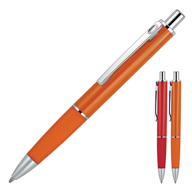 An orange ballpoint pen with a silver clip and textured grip, alongside two additional pens in different colours.