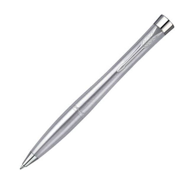 A silver pen with a brushed stainless steel finish and a smooth barrel design. It features a branded logo.
