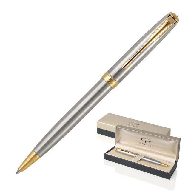 A ballpoint pen in brushed stainless steel with gold accents, presented in a display box featuring a logo.