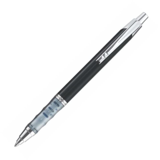 A metal pen with gel ink, featuring a black body and silver accents, including a clip and a transparent grip section.