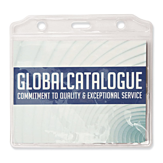A clear PVC card holder featuring a blue and white insert with a logo and text. The holder includes two punch holes.