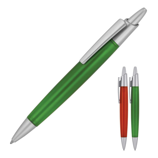 A green and silver ballpoint pen with a shiny finish, accompanied by red and green variants. Features a logo.
