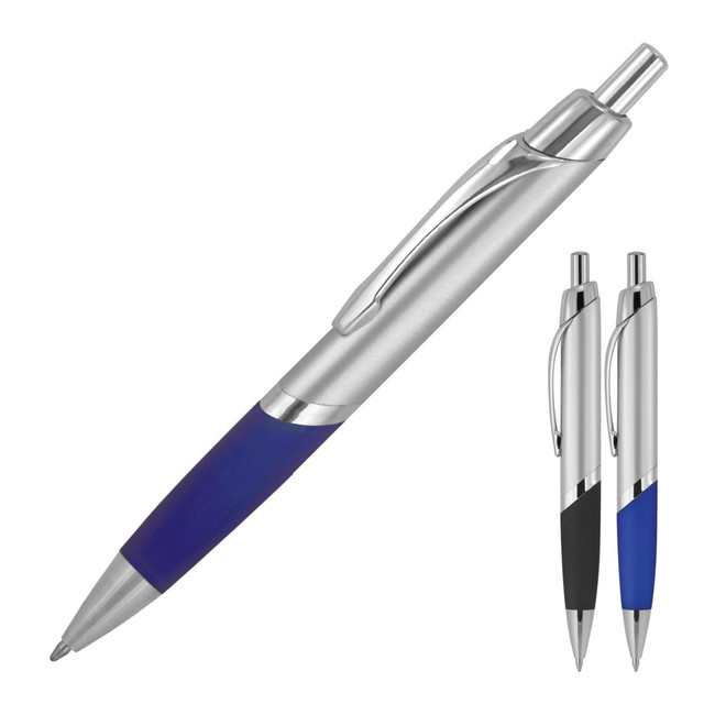 A silver ballpoint pen with a blue grip and a shiny finish, accompanied by two other pens in different colours.