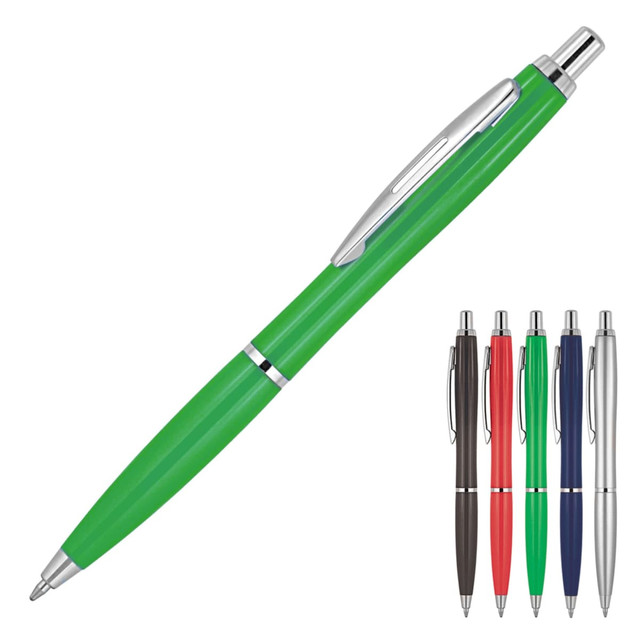 A ballpoint pen in a solid green colour with silver accents, alongside options in black, red, blue, and grey.